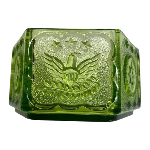 Tiara Indiana Colonial Green Glass Eagle & Stars Hexagonal Candy Dish Vintage - Picture 4 of 8